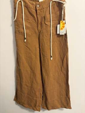 C&C California Brown Linen Blend Wide Leg Pants with Rope Belt